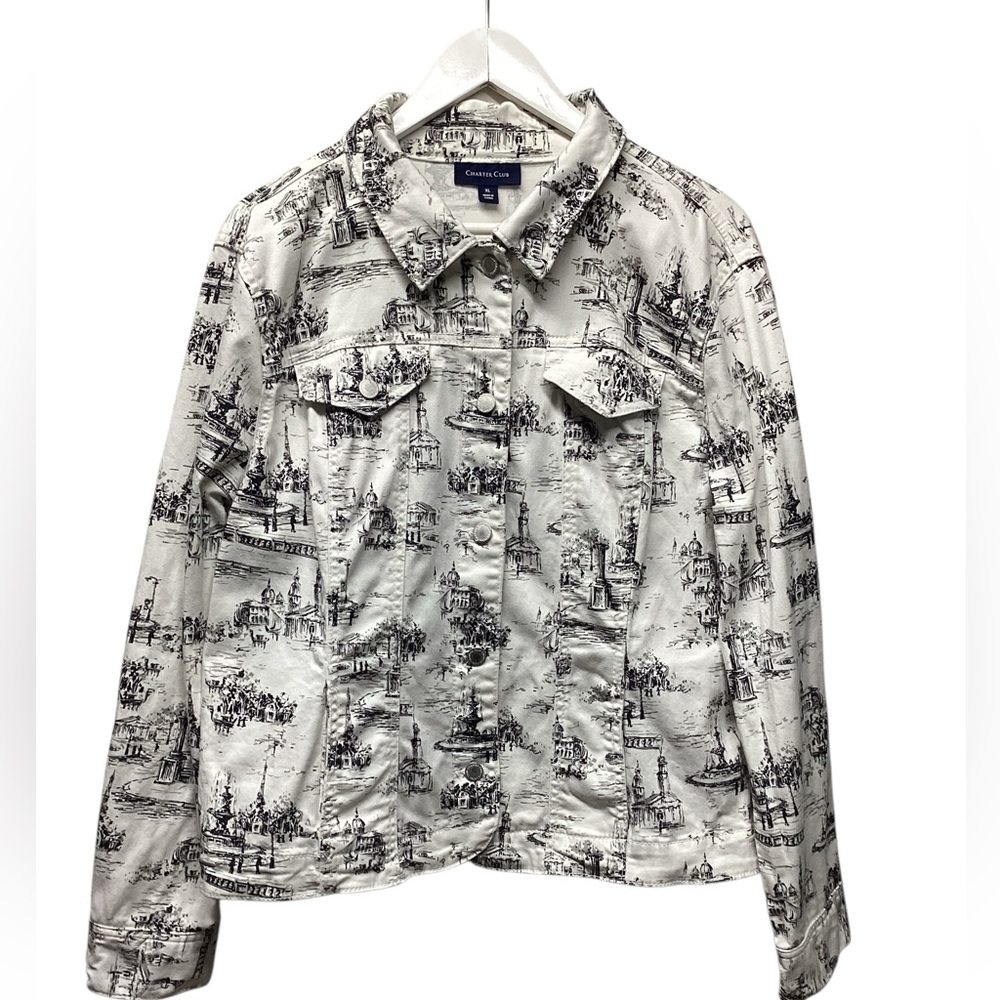 Charter Club White denim print jacket Macy’s exclusive 
Size XL